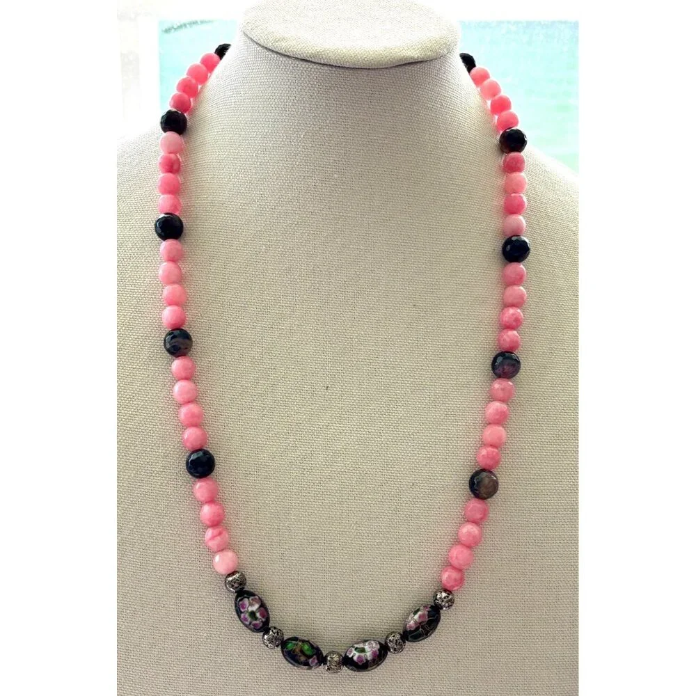 Pink & Black Beaded Necklace With Floral Cloisonné Beads & Silver Accents - Picture 1 of 7